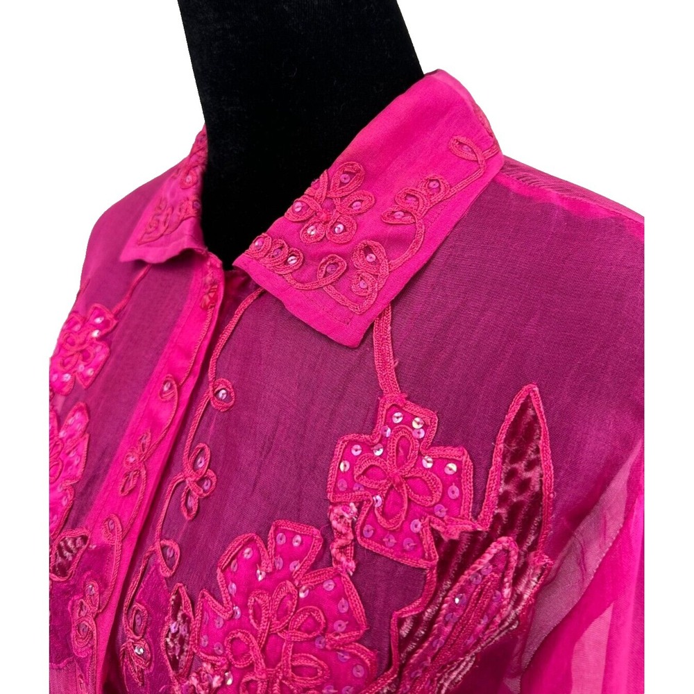 Sandy Starkman Womens Button Up Sheer Blouse Large Pink Embroidered Applique - Picture 6 of 16